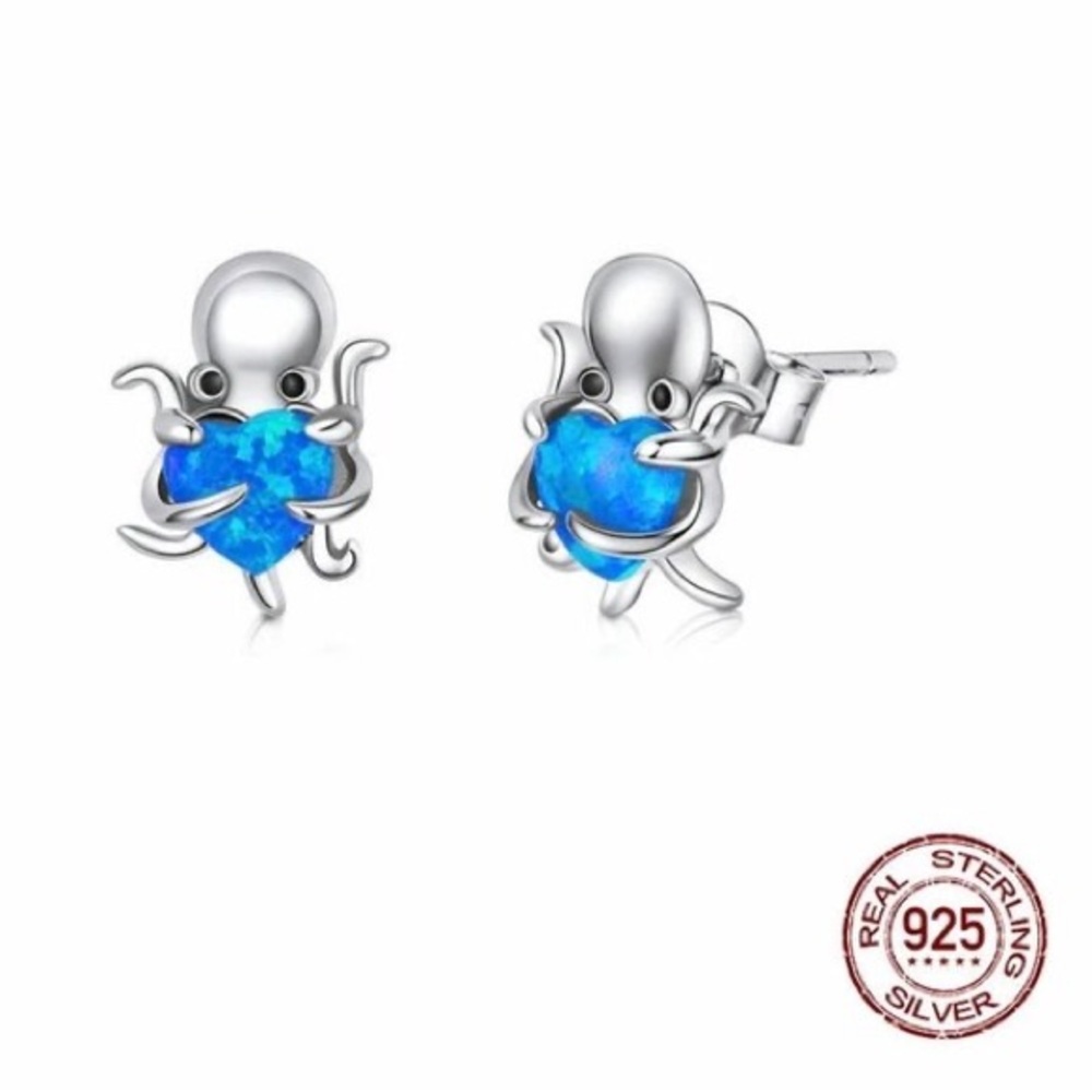 925 Sterling Silver Octopus Heart Opal Stud Earrings for Women